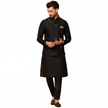 Black-Mens-Cotton-Kurta-Jacket-Pajama-Set-1