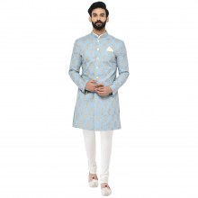 Mens-Printed-Sherwani-Pajama-Dhoti-Set-Blue-1