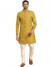 Mustard-Mens-Solid-Sherwani-Kurta-Pajama-Set-1